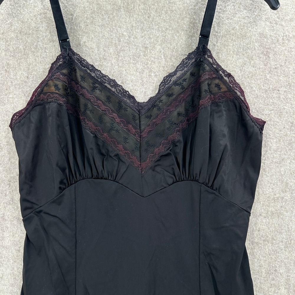 VTG Black Lace Trim Full Slip Dress Burgundy Trim Size 34 Average